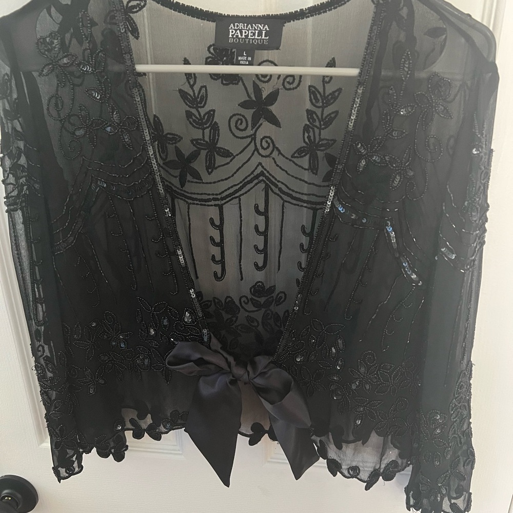 Adrianna Papell Black Sheer Embroidered Blouse